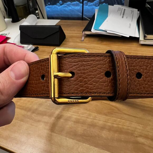 GUCCI WOMENS BROWN LEATHER & DENIM SQUARE BUCKLE BELT sz 70 NEW Authentic main image 6